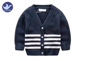 Quality Children Stripes V Neck Boys Cardigan Sweater Long Sleeves Navy Color OEM wholesale