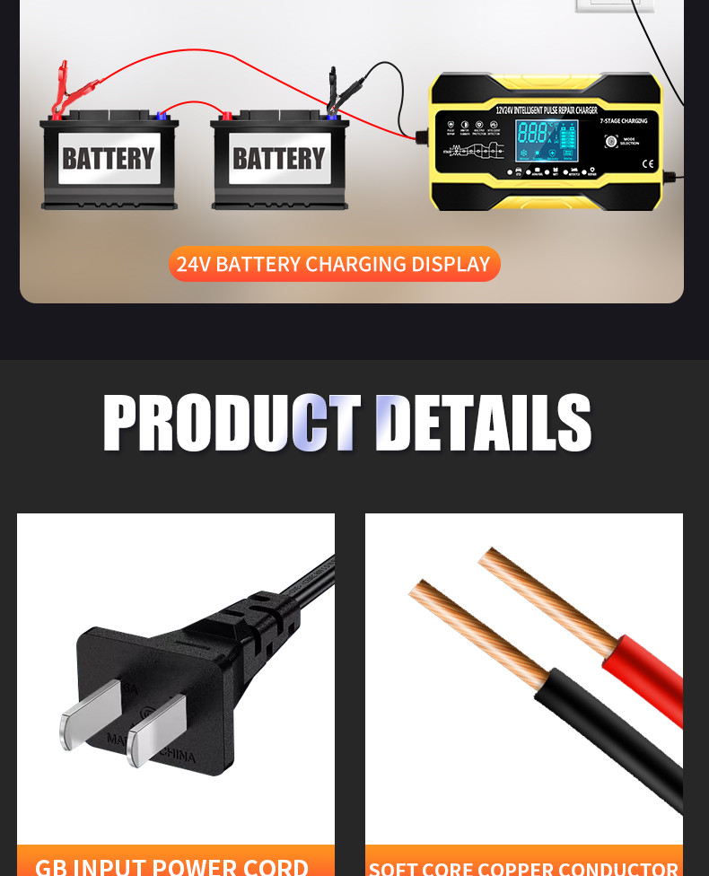 600W Intelligent Pulse Repair Battery Charger 12V 24V For Motorcycle