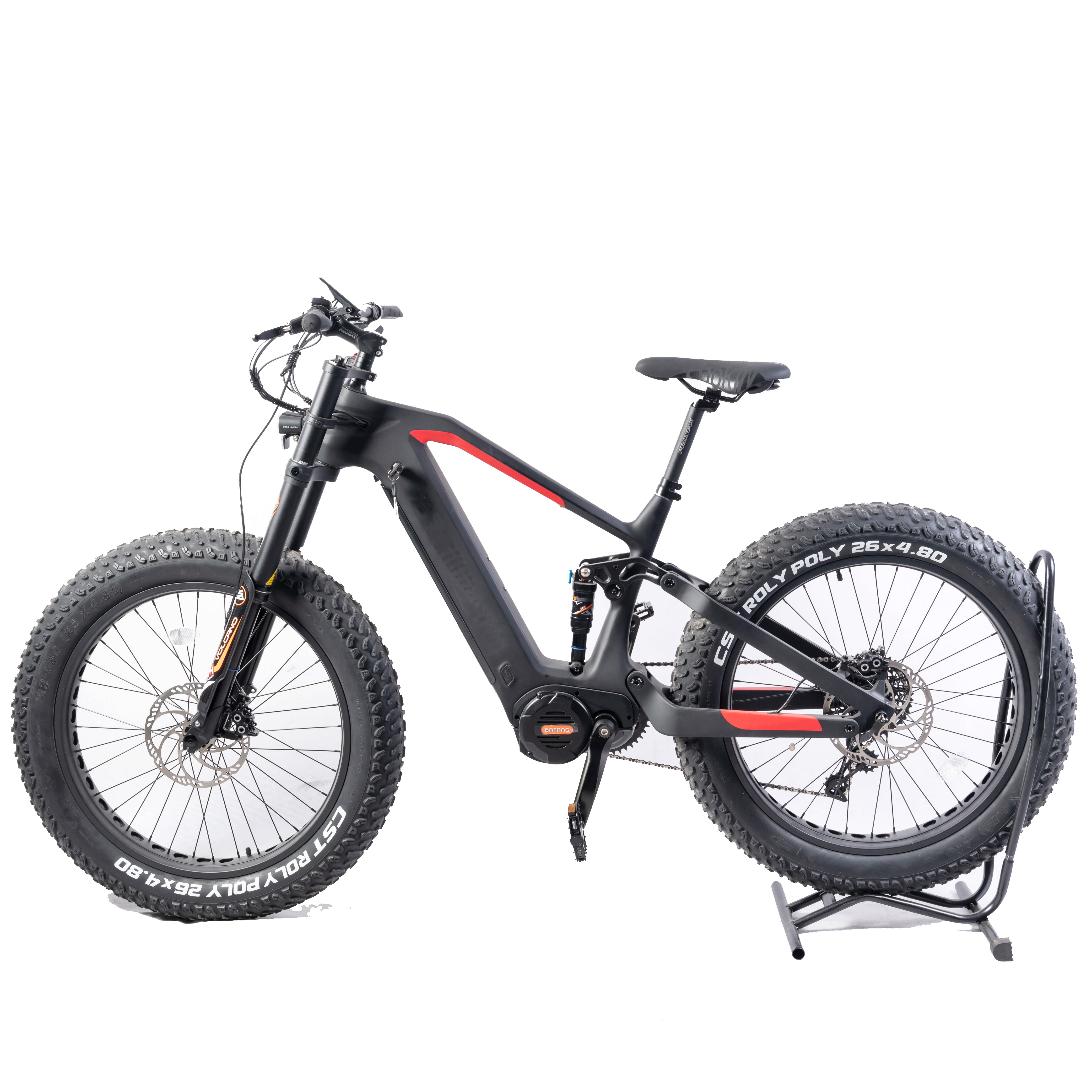 26" Carbon Fiber Full Suspension Mountain Ebike with 48v 750w MID Motor and Fat Tires