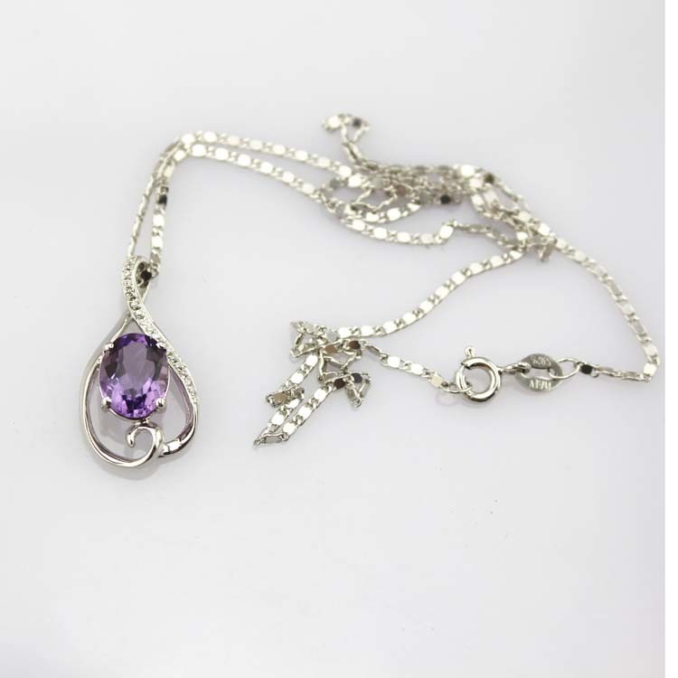 White Gold Plated 7mmx9mm Amethyst Cubic Zircon Pendant Necklace (PSJ0390)