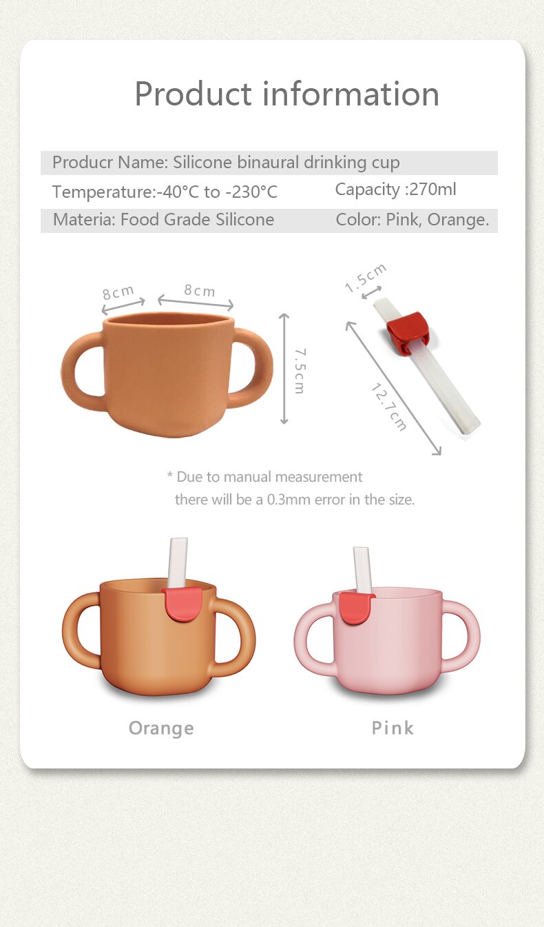 Orange BPA Free Silicone Handle Feeding Bottle Baby Sippy Cup With Straw For Kids