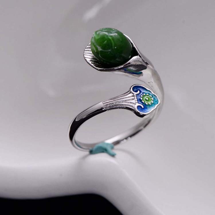 925 Sterling Silver Enamel Natural Jade Ring Open Adjustable Size (059850)