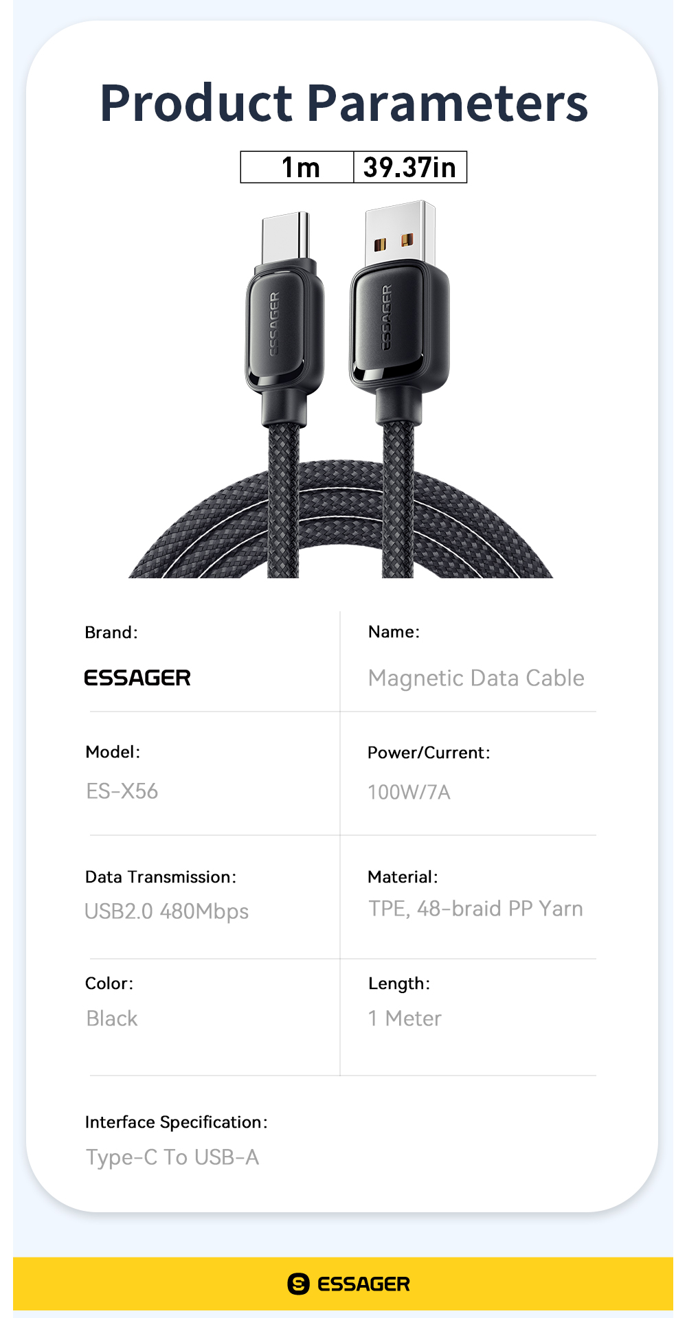 USB A To USB C Magnetic Cables Fast Charging 100W ES-X56 Series