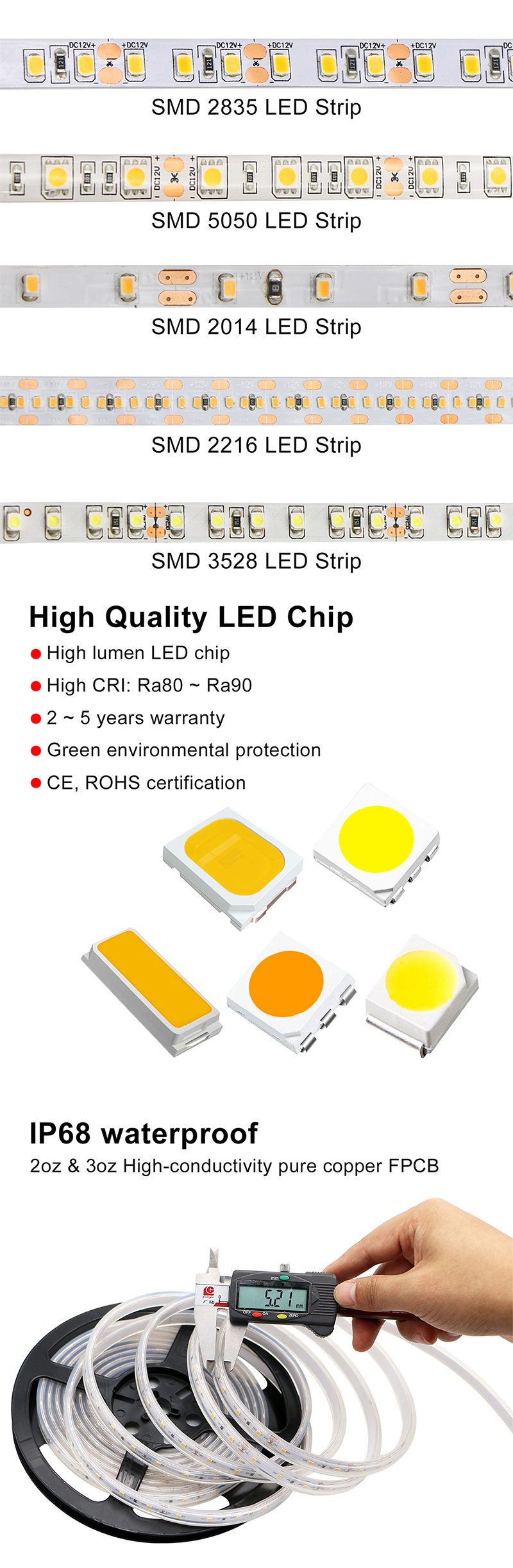 Custom Ra70 Flex LED Strip Lights 60 120 180 240L/M 8mm 10mm 12V 24V SMD 2835 IP20 IP65