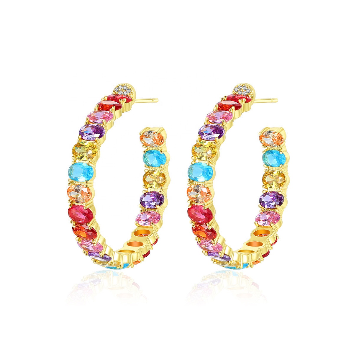 Colorful Brazilian 18K Gold Hoop Earrings Oval Cut Brass Earrings Hoops