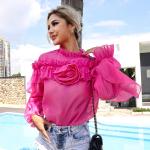 Lantern Sleeved High Neck Flared Blouse Chic Black High Waisted Lace Tops With