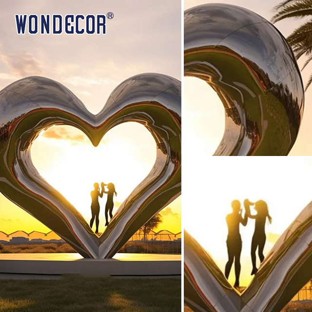 Large outdoor square modern abstract geometric hollow heart-shaped stainless steel sculpture