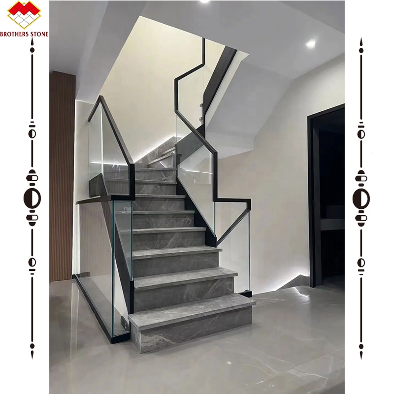 Grey Marble Stair Treads And Risers With Polished Finish For Interior Straight Stairs