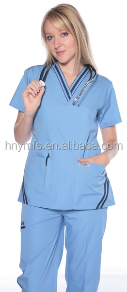 Short Sleeve Solid Color Stylish Nursing Scrubs 65% Cotton 35% Polyester