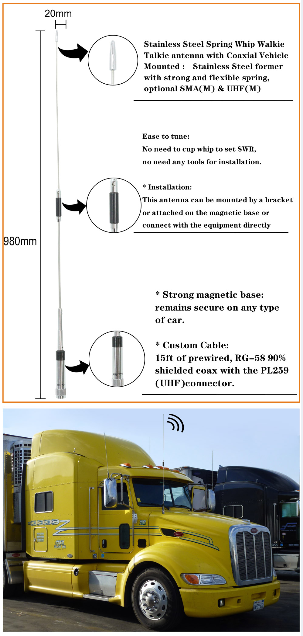 Dual Band 144MHz / 430MHz Car TV Antenna For Ham Radio Transceiver