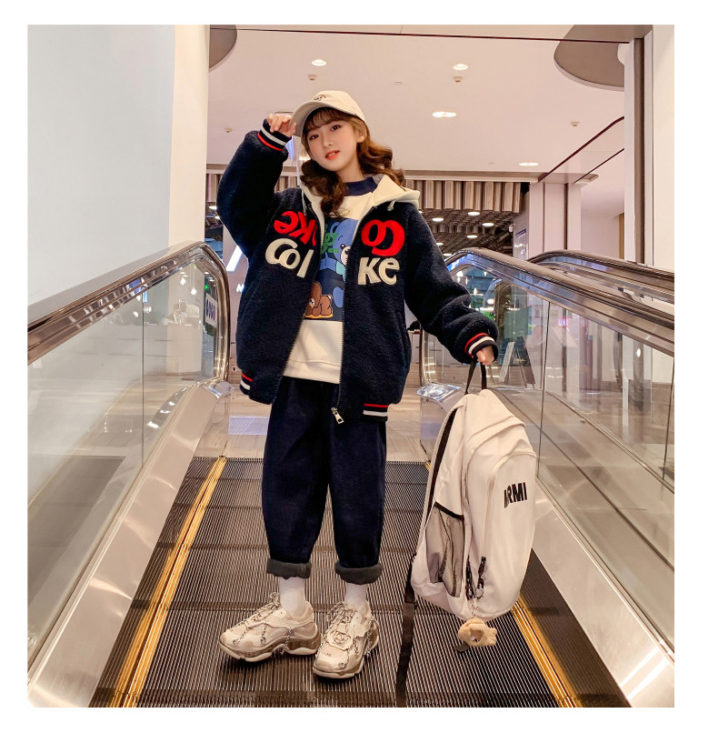 Girls extra thick coat children's clothing hooded embroidered woolen coat lamb cashmere navy blue casual thermal coat