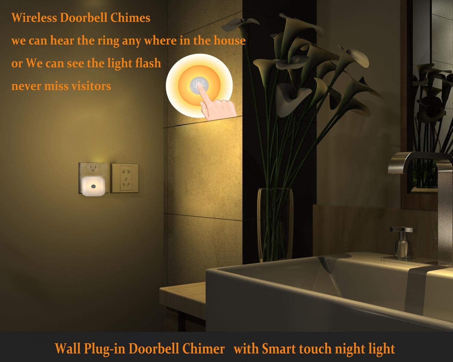 Plug-in Receiver Chimer Waterproof Self-power Transmitter 4 Volume Adjustment Wireless Door Bell Smart Touch LED Night Ligh