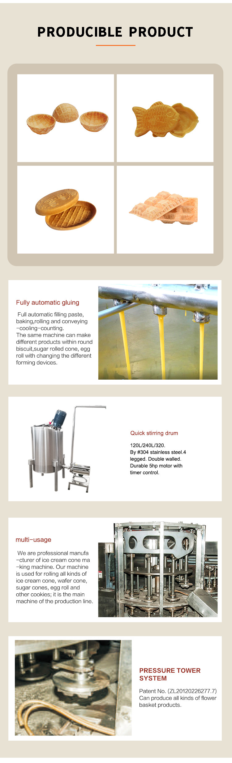 Multi Purpose Waffle Basket Sugar Cone Production Line With Patent Press Tower System