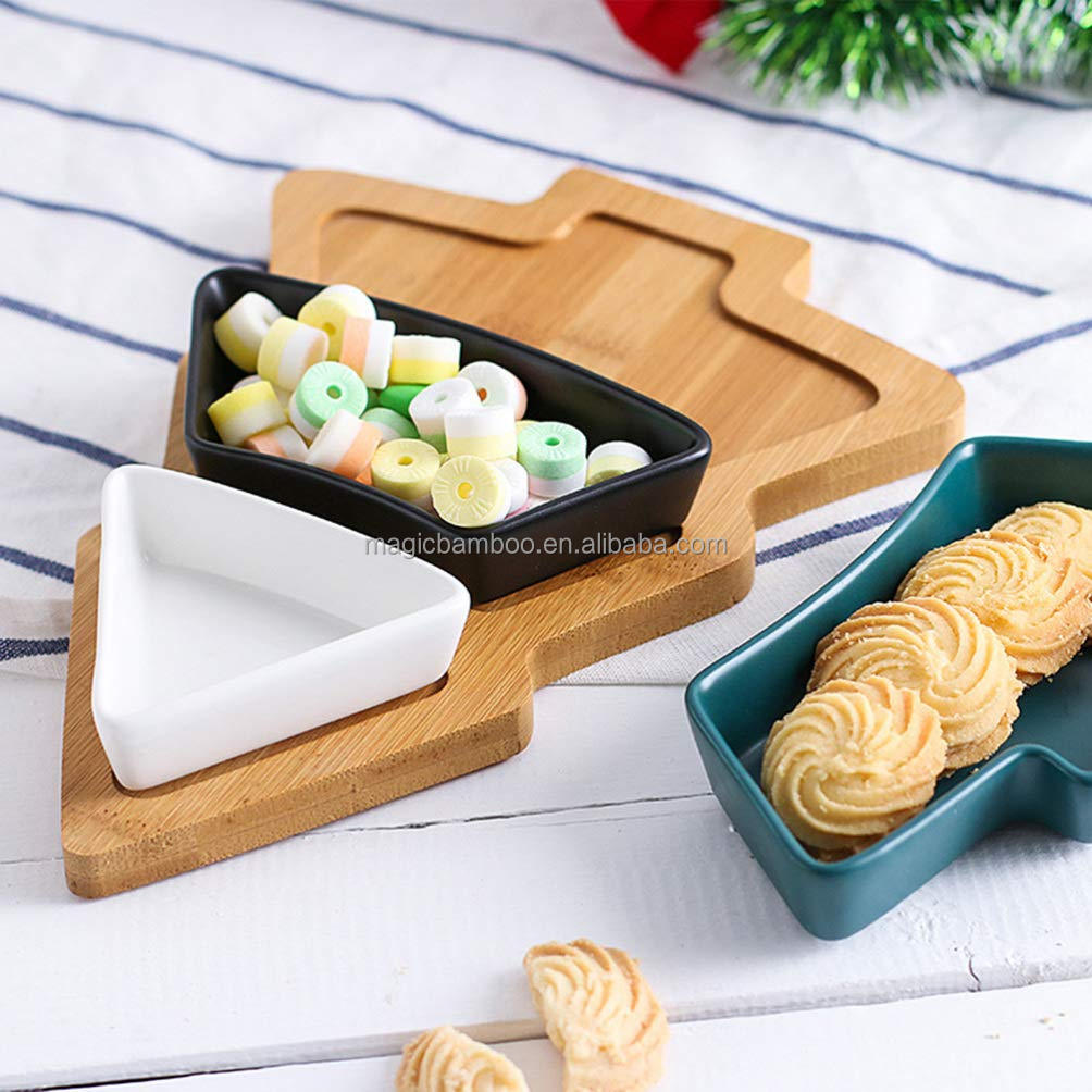 Festive Bamboo Table Tray with Three Removable Ceramic Dishes and Christmas Tree Shape