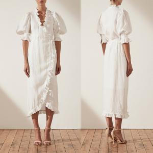 Quality Linen Puff Sleeve Wrap Midi Elegant Dress Cotton Ladies wholesale