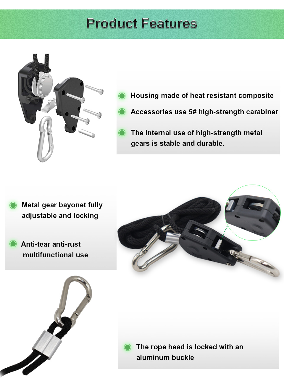 Black Adjustable Grow Light Metal Rope Ratchet Pulley For Greenhouse Indoor Plant