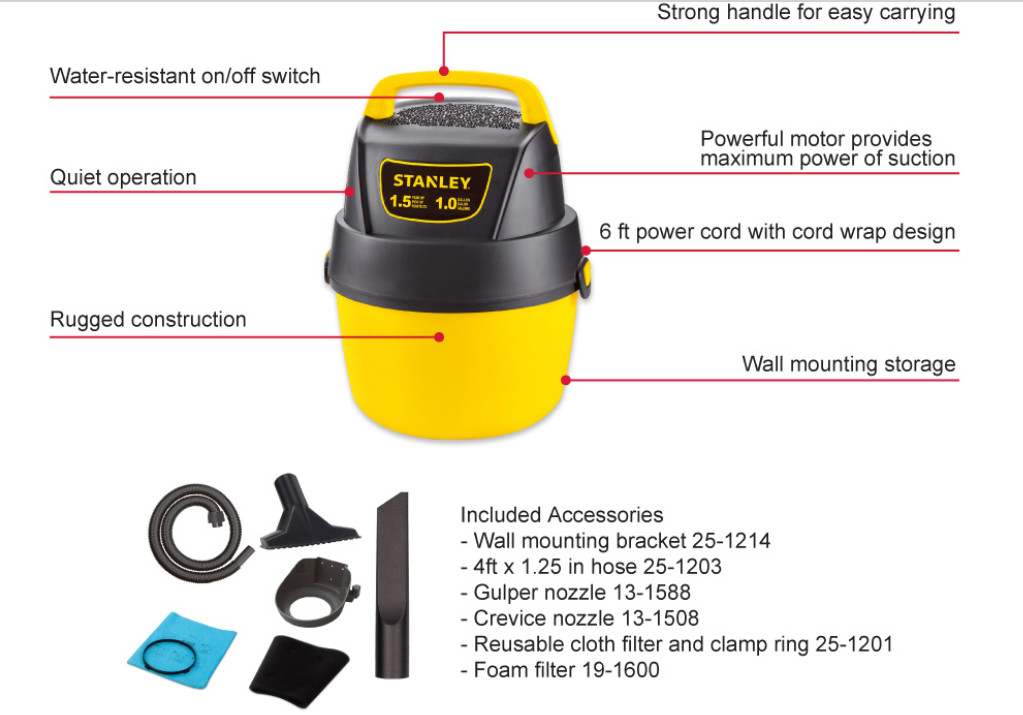 1 Gal Industrial Wet And Dry Vacuum Cleaner Single Stage Eco - Friendly