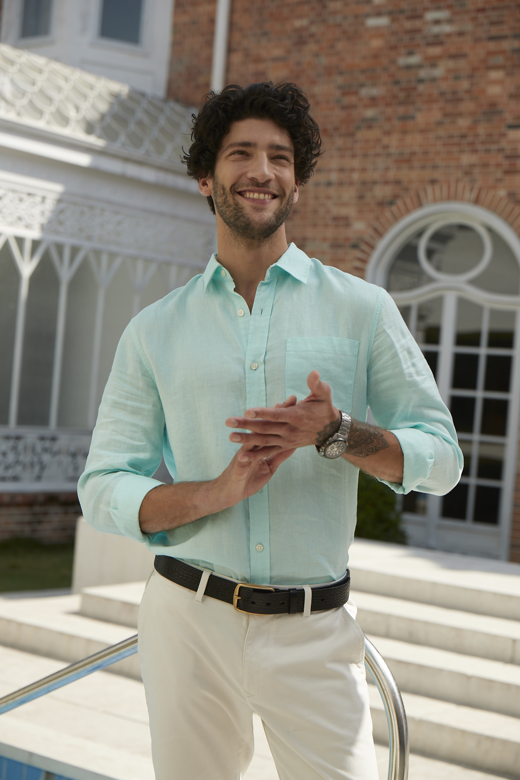 Water Green Long Dress Business Linen Men'S Pajamas