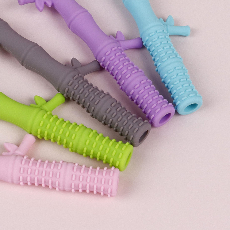 Teething Stick Toy For Baby Teether Food Grade Bamboo Design Teething Tube Silicone Teether Straws