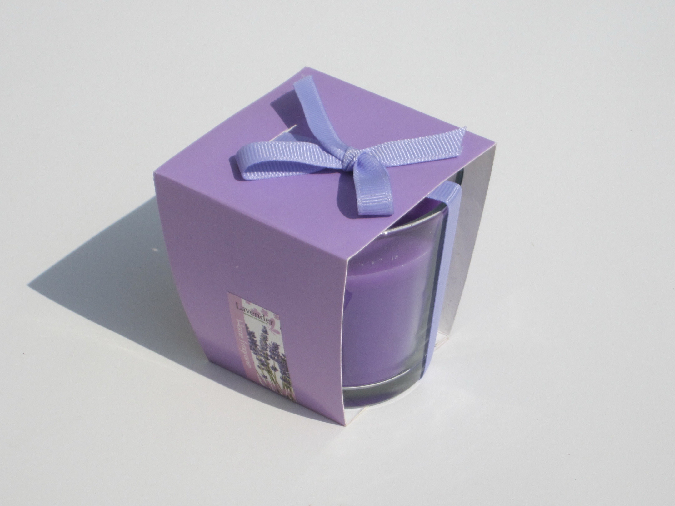 purple lavender fragrance glass candle with printed label packed into gift box