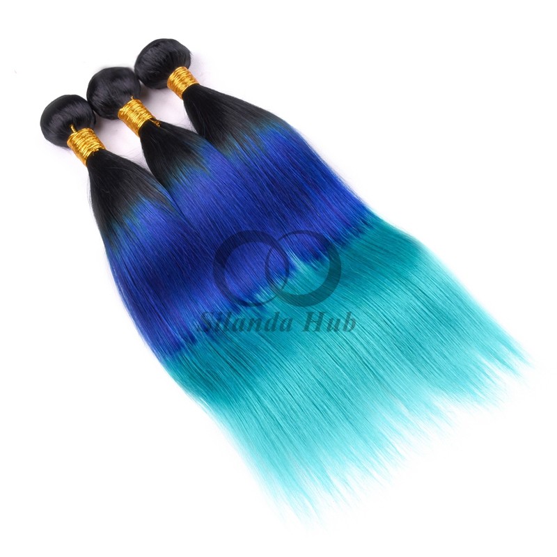#T1B/Blue/Light Blue Straight Remy Human Hair Bundles Sew In Weave Bundles Brazilian Bundle Deals