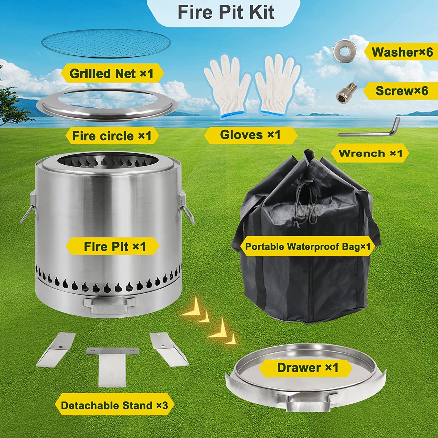 Stainless Steel Portable Outdoor Smokeless Fire Pit 15×14.2 Inch Camping And Cooking