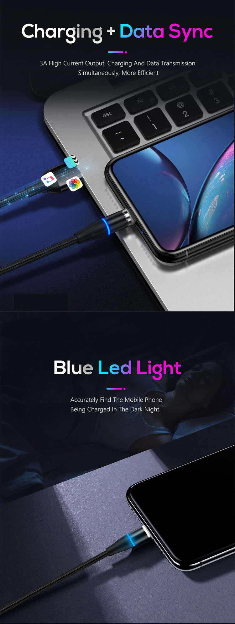 LED 3 In 1 5V 3A 9V Magnetic Lightning Charging Cable