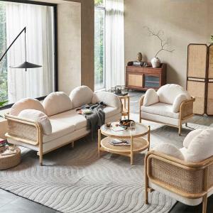Quality Wood Rattan Living Room Simple Sofa Country Style Sponge Upholstery Teddy Fabric wholesale