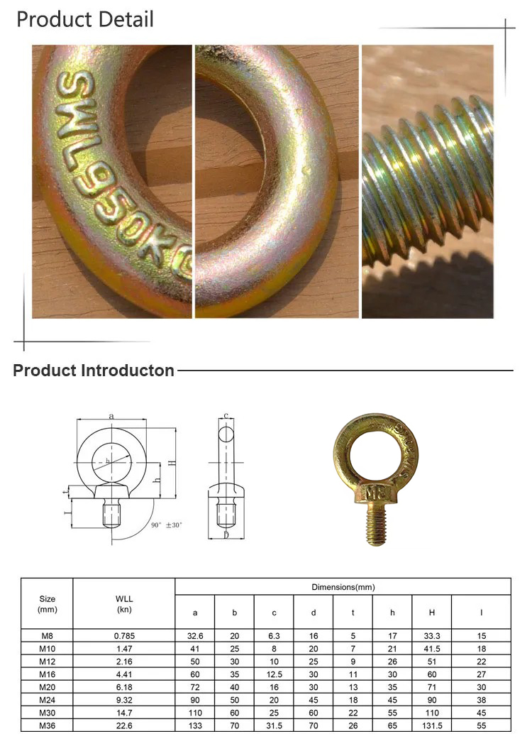 Drop Forged Steel Yellow Zinc JIS 1168 Heavy Duty Lifting Eye Bolt Customized Eye Bolts