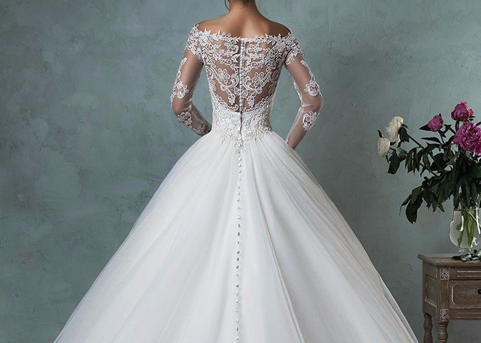 Fashion Long Sleeve Lace Wedding Dress Off Shoulder Backless Organza Sweep Train
