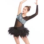 Ballet Dance Competition Costumes V Neckline Glitter Bodice Black Single Sleeve