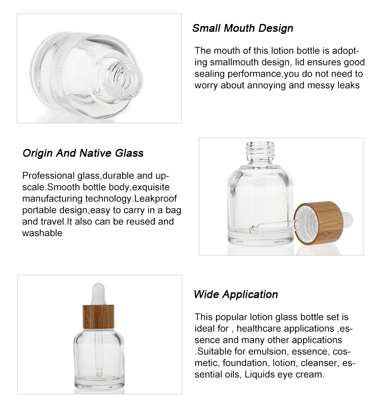 20ml 30ml 50ml Cosmetic Skincare Glass Serum Bottle With Texture Bamboo Collar Cap Glass Dropper Bottle