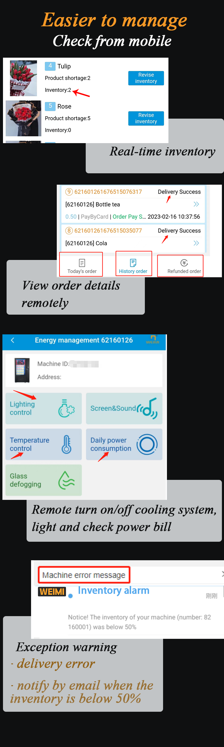 Micron smart flower vending machine is easier to manage, cause we develop smart software system,operator can check the machine from mobile phone