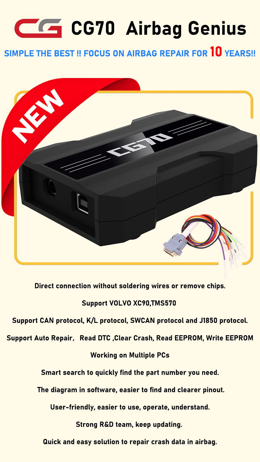 CGDI CG70 SRS Reset Tools Original Clear Fault Codes One Key No Welding No Disassembly Suit For Multi-Cars Diagnostic SR