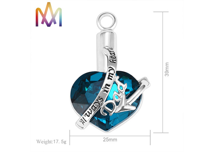 No Tarnish Blue Heart Diamond Cremation Engraved Necklace Charms