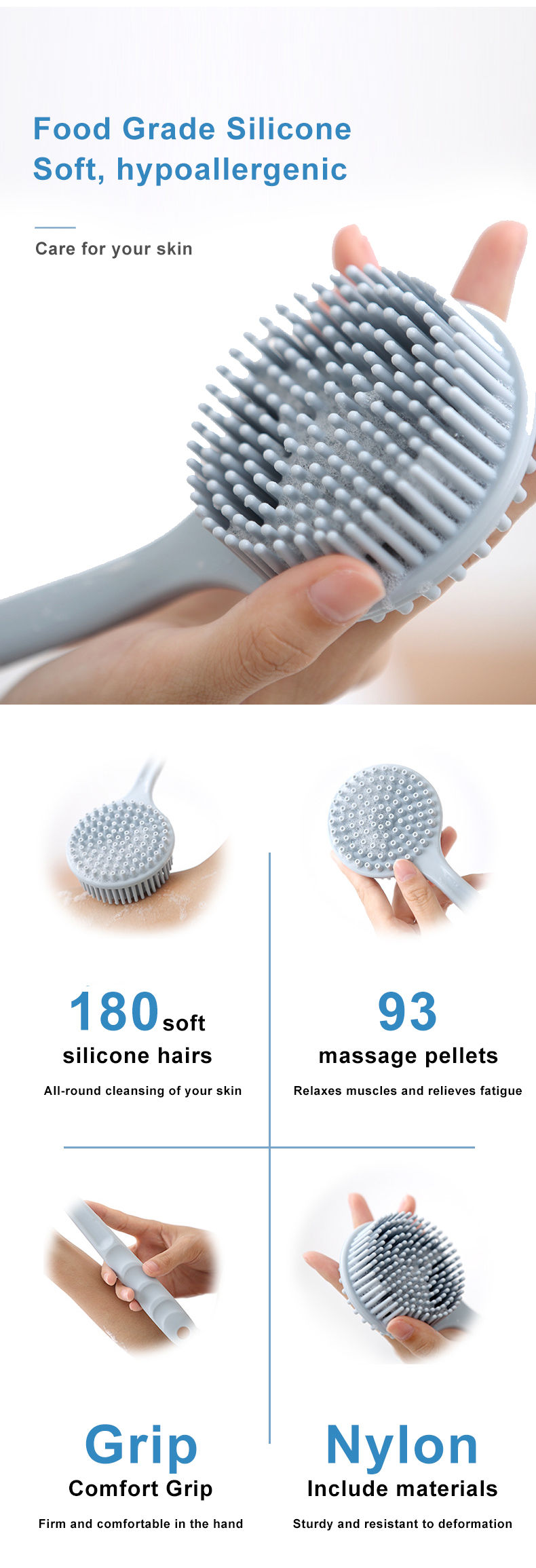 Non Slip Colorful Soft Bristle Massage Silicone Shower Brush