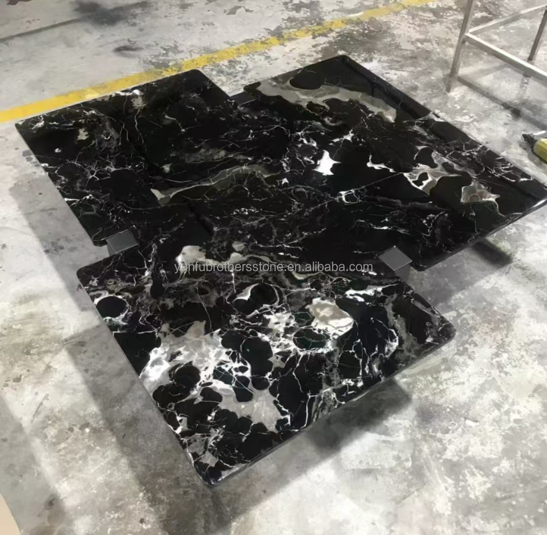 Modern Polished Black Rose Marble Big Slab Dining Table Set for Villa and Hotel Design