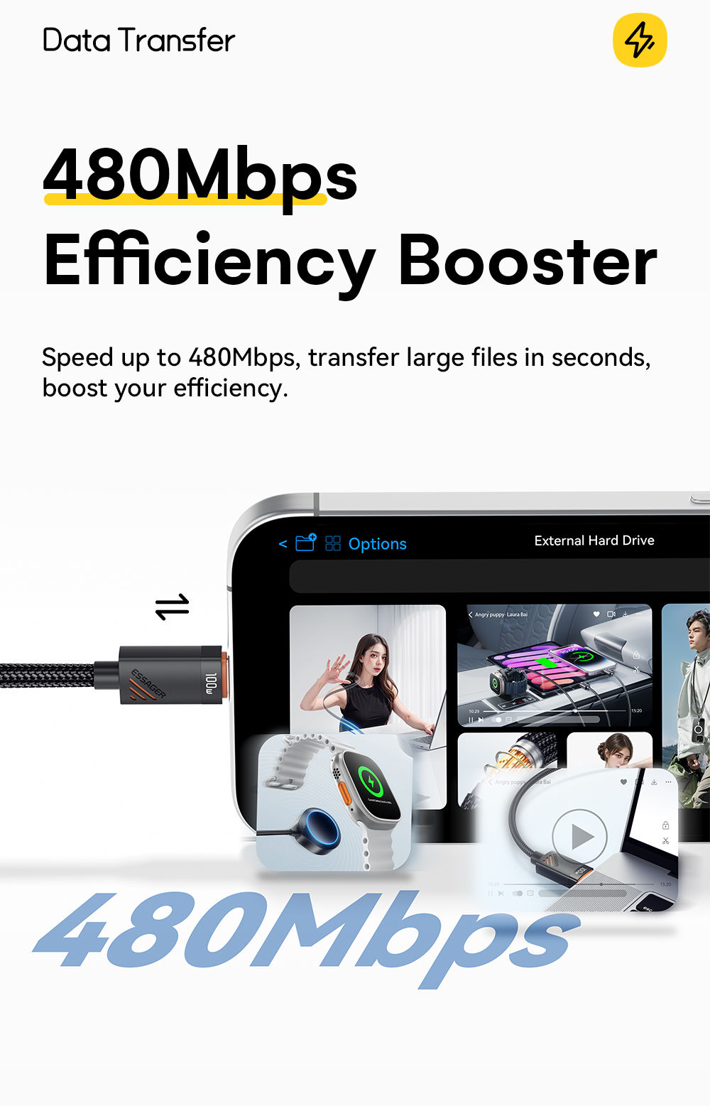 ESSAGER ES-X66 Series 100W USB C to USB C+L+Wireless Watch Charger 3 in 1 Cable