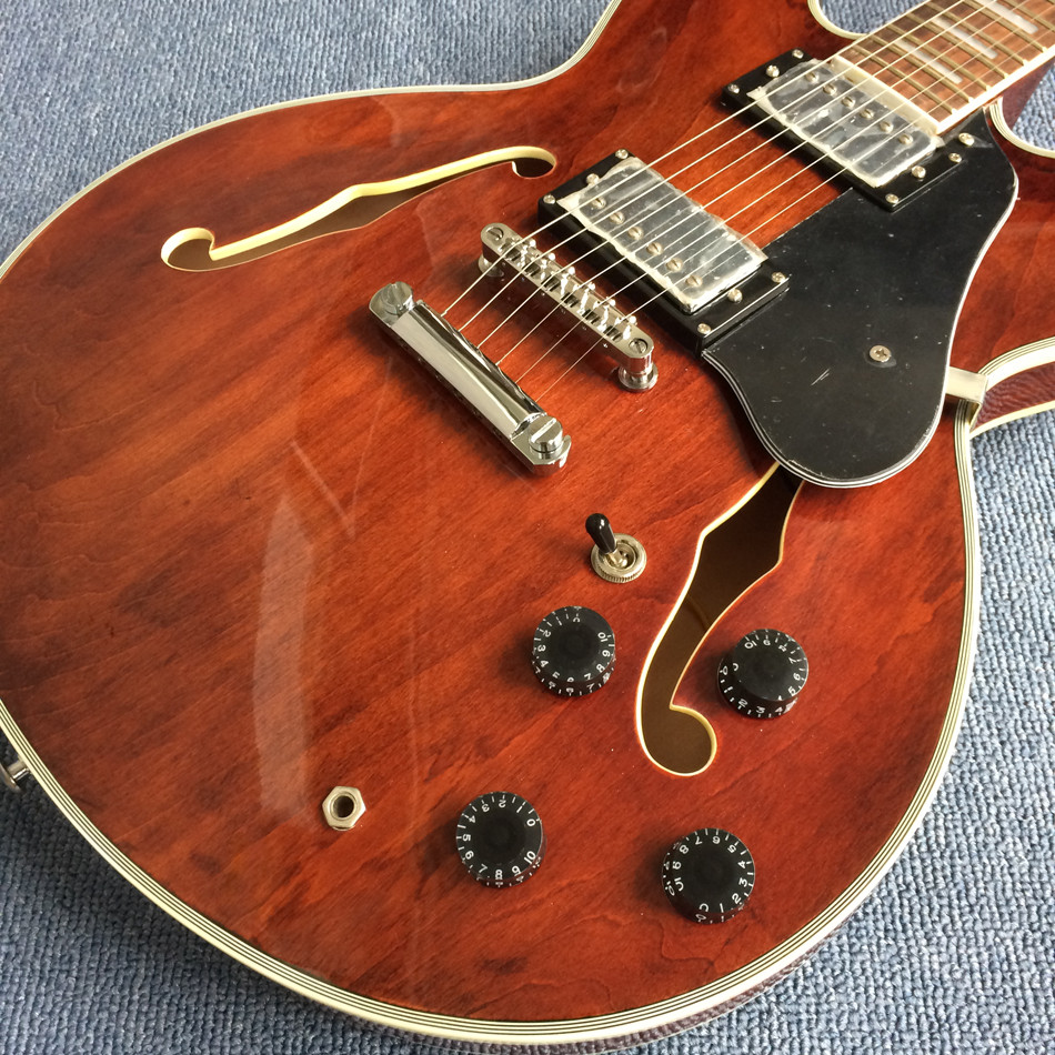 Hollow body jazz electric guitar, Double F holes Chestnut skin electric guitar