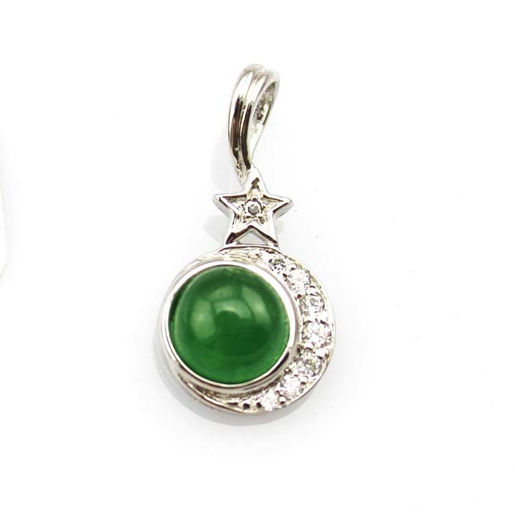 925 Silver 8mm Round Green Jade Cubic Zirconia Pendant Necklace (PSJ003)