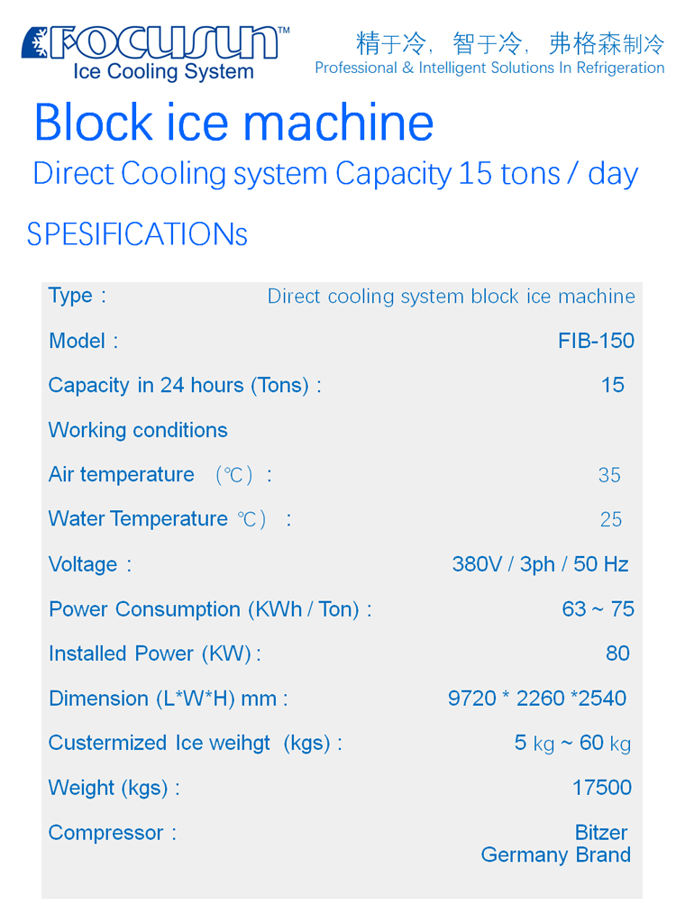 15 Tons Per Day Industrial Block Ice Maker Machine with Water Cooling Condenser System