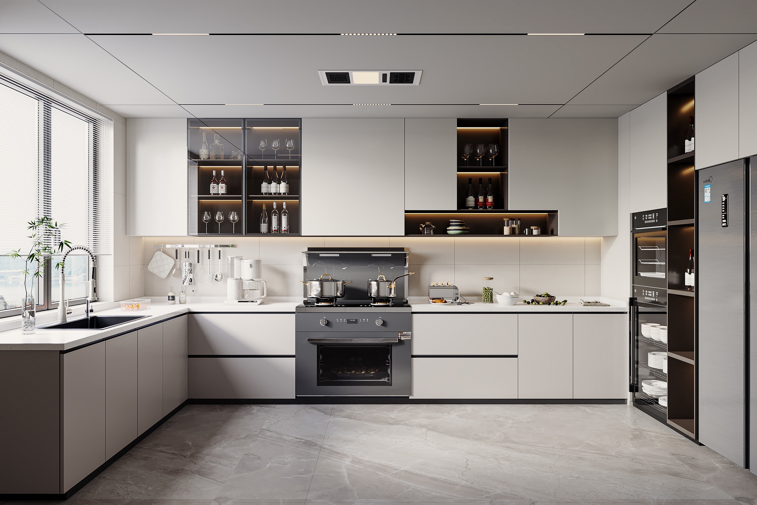 Glossy White U Shaped Kitchen Cabinets Modular Lacuqer Kitchen Furniture