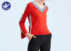 Quality Stripes V Neck Pullover Sweater Women's , Long Sleeve Knit Sweater Raw Roll Edge Slit Cuff Jumper wholesale