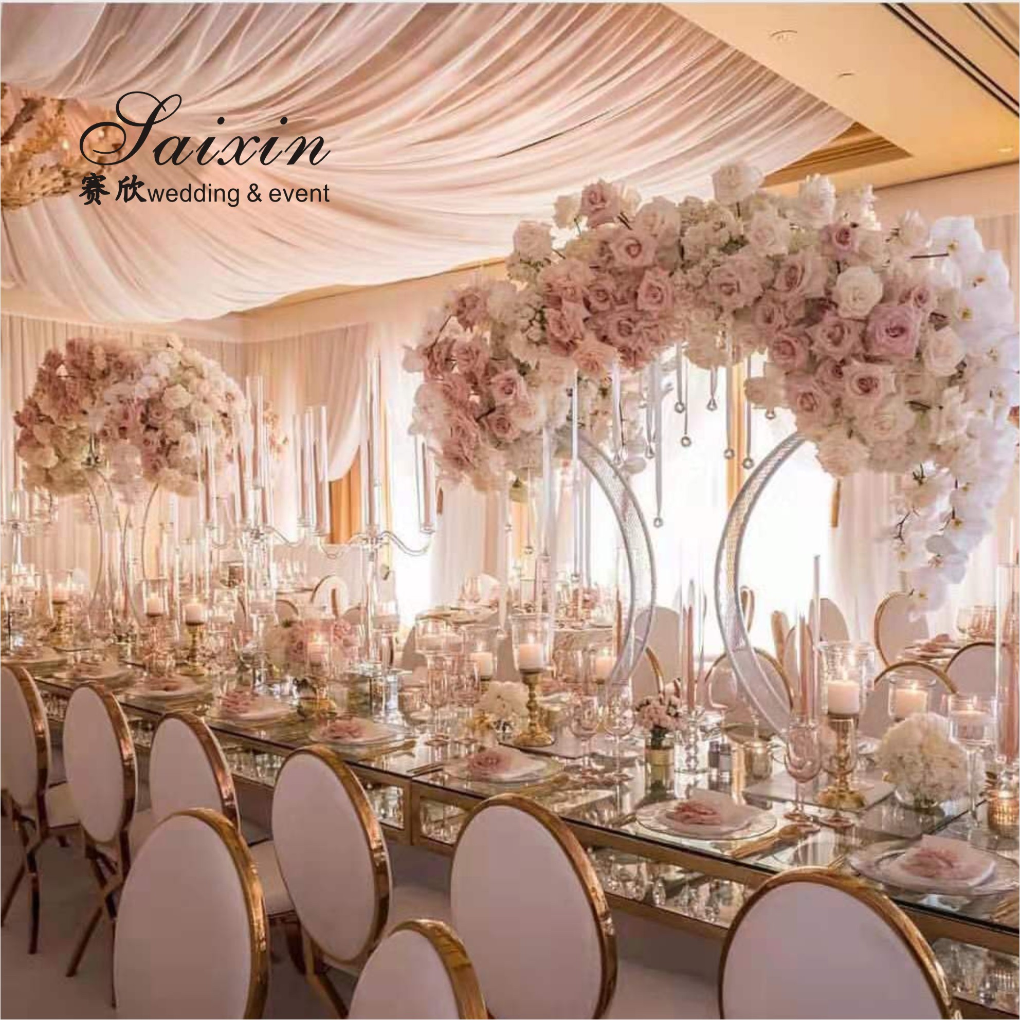 Saixin new custom 1.5m tall large double round white wrought iron flower stands for wedding centerpieces