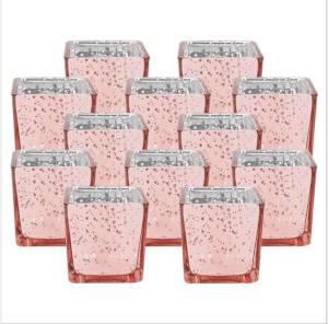 Quality Speckled pink rose gold square tube shape Mercury Glass Votive Candle Holder wholesale