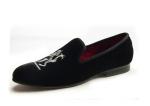 Lion Embroidered Mens Velvet Loafers Handmade Mens Black Velvet Slippers For