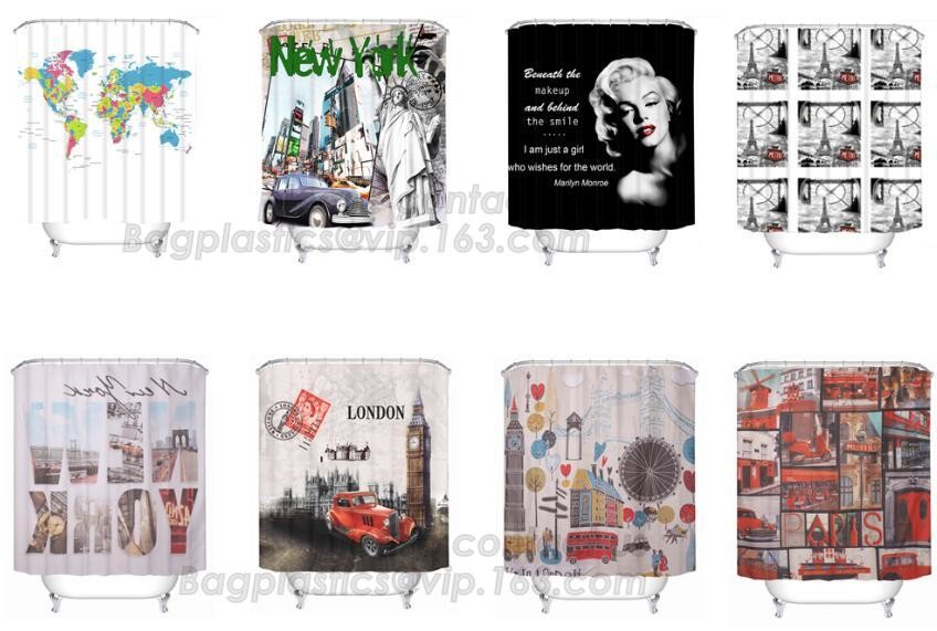 SCENERY PRINTING POLYESTER SHOWER CURTAIN, custom 3d eva shower curtain for bathroom, Popular cotton hooks polyester tex