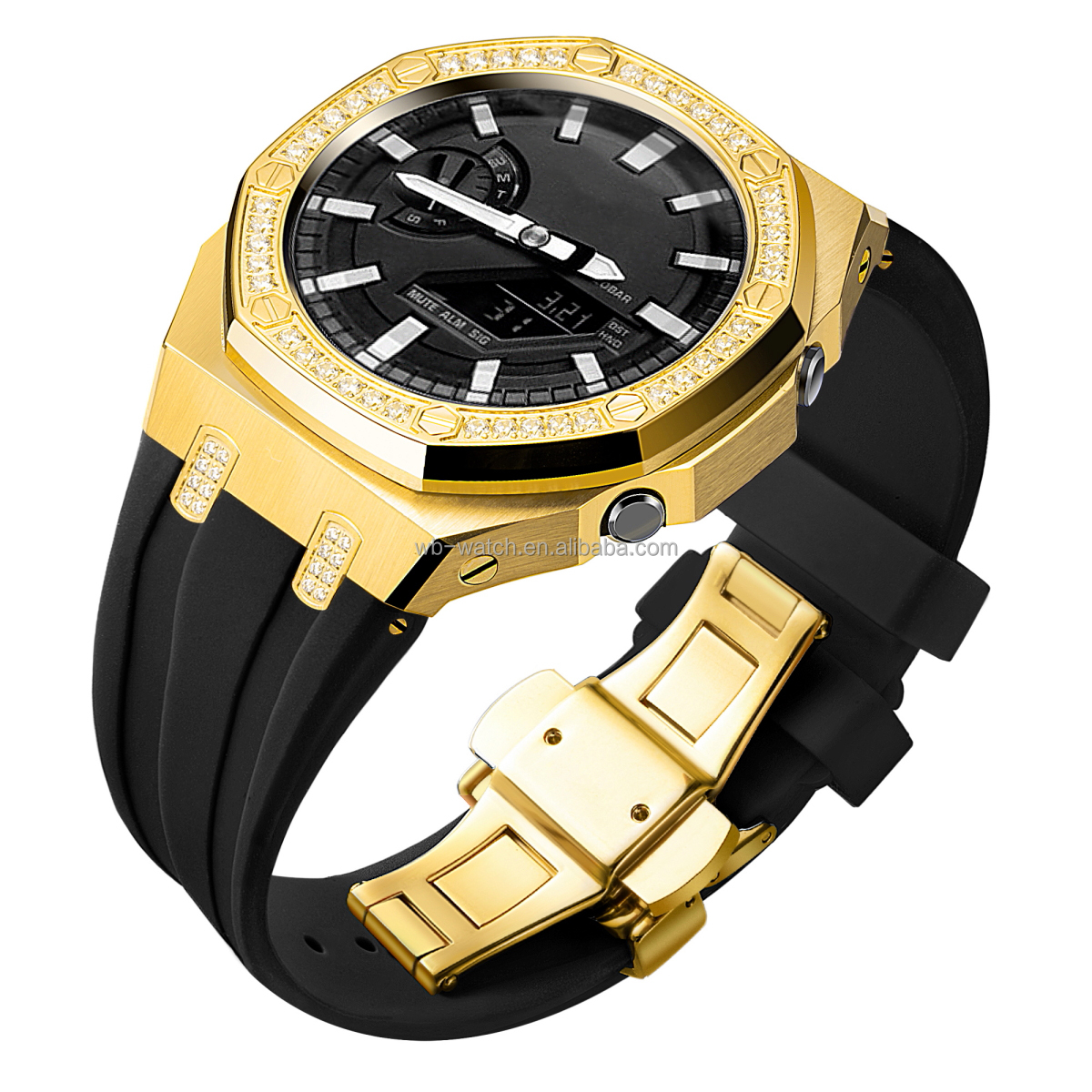Casio Watch Modified Case Stainless Steel Diamond Watch Case And Silicone Strap Combo
