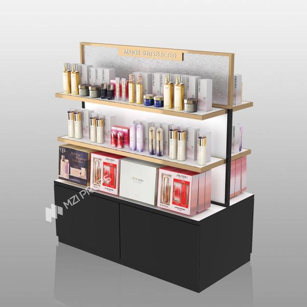 TJiS-BZ-01 3mm Gold Mirror Organic Board Skincare Display Cabinet with LED