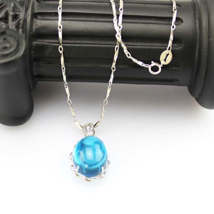 Sterling Silver Jewelry 14mmx17mm Dome Oval Blue Topaz Cubic Zirconia Pendant (PSJ0189)